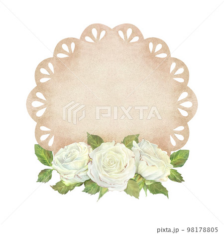 Beige lace doily with white roses and leaves. Place for inscription or text. Watercolor illustration. Isolated on a white background. For design of greeting cards, wedding invitation, scrapbooking 98178805