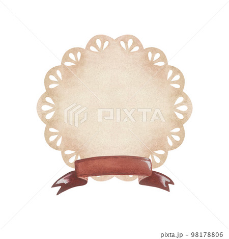 Beige lace doily with red ribbon for title.Place for inscription or text.Watercolor illustration.Isolated on a white background.For design of stickers, greeting cards, wedding invitation,scrapbooking 98178806