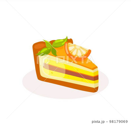 A piece of biscuit cake with orange and mint. Decoration for menu 98179069