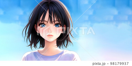ミディアムヘアの女の子　夏イメージ　水彩画風 98179937