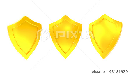 Gold shield with shiny frame, front side view 3d render. Set of military armor, medieval ammunition, award trophy, security symbol. Mockup metal panel isolated on white background Gold shield with shiny frame, front side view 3d render. Set of military armor, medieval ammunition, award trophy, security symbol. Mockup metal panel isolated on white background 98181929