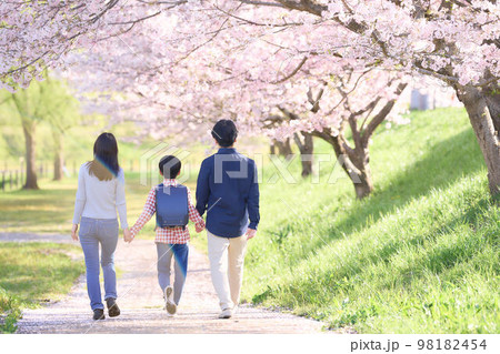 桜並木を歩く3人家族の後姿　春　ファミリー　イメージ 98182454