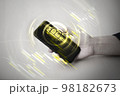 Bitcoin symbol hologram on mobile screen. Cryptocurrency and future technology concept. 98182673