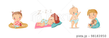Cute Little Baby or Toddlers Doing Different Activities Vector Set 98183950