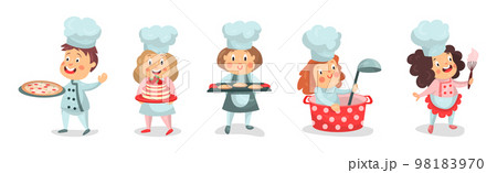 Children Chef Characters in Toque and Uniform Cooking Meal Vector Set 98183970