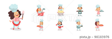 Children Chef Characters in Toque and Uniform Cooking Meal Vector Set Children Chef Characters in Toque and Uniform Cooking Meal Vector Set 98183976