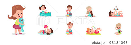 Kid Toddlers Playing with Toys in Nursery Room Vector Set 98184043