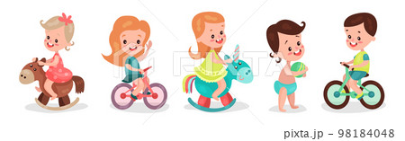 Kid Toddlers Playing with Toys in Nursery Room Vector Set 98184048