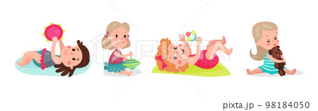 Kid Toddlers Playing with Toys in Nursery Room Vector Set Kid Toddlers Playing with Toys in Nursery Room Vector Set 98184050