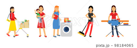 Woman Housewife Doing Housework and Housekeeping Vector Set 98184065