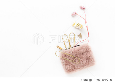 Feminine gold and pink items including stationery, earbuds, purse, heart and tape Feminine gold and pink items including stationery, earbuds, purse, heart and tape 98184510