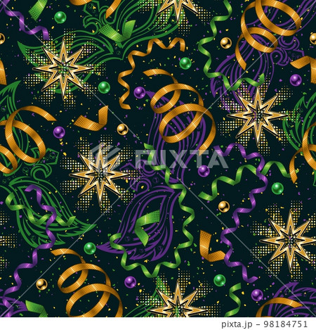 Pattern with flying, falling serpentine ribbons, beads, gold shiny stars on dark background. Outline masks, confetti behind. Carnaval print ornament. 98184751