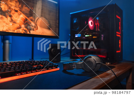 Powerful personal computer for e cyber sport gamer on the table at home. Close up 98184797