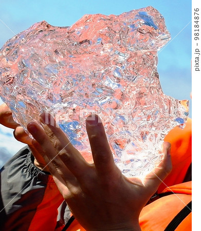 Small icicle from the Jokulsarlon glaciewr lagoon in the hand, , Iceland Small icicle from the Jokulsarlon glaciewr lagoon in the hand, , Iceland 98184876