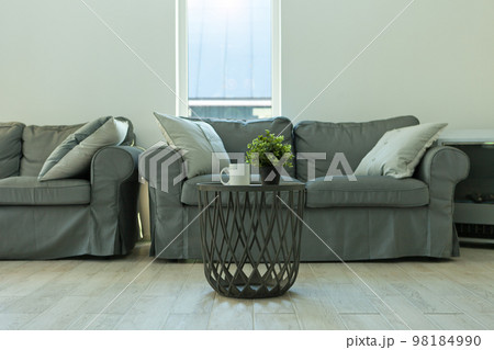 gray home interior with window. cabinet with plant. grey sofa in simple living room. table with cup gray home interior with window. cabinet with plant. grey sofa in simple living room. table with cup 98184990
