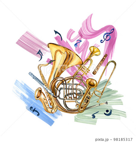 Wind musical instruments, symbols and paint stroke watercolor illustration isolated. Wind musical instruments, symbols and paint stroke watercolor illustration isolated. 98185317