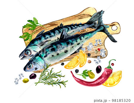 Composition of mackerel on cutting board watercolor illustration isolated on white. 98185320