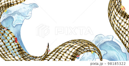 Banner of fishing net and buoy, seascape watercolor illustration isolated on white background. 98185322