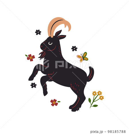 Cute goat and flowers isolated on white background. Vector graphics. 98185788