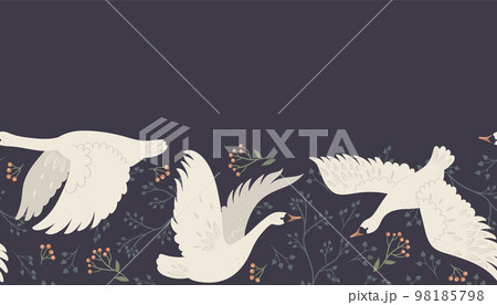 Seamless border with flying swans on a dark background. Vector graphics. 98185798