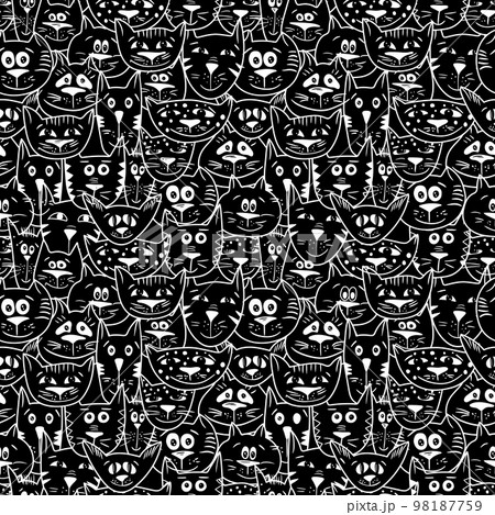 Black and white seamless vector pattern with cat faces 98187759