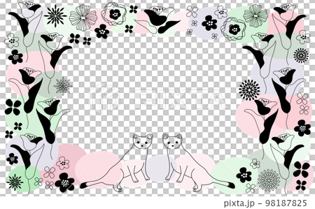 可愛的手繪框架與斯堪的納維亞風格的花朵和白鼬 98187825