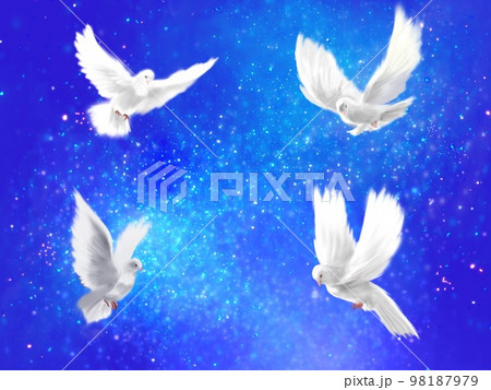 星が輝く宇宙と雲海の周りを楽しく飛び回る平和の象徴白い鳩達の風景画イラスト 98187979