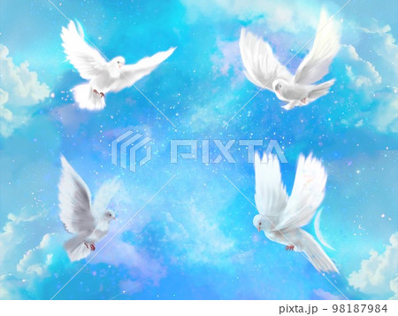 星が輝く宇宙と雲海の周りを楽しく飛び回る平和の象徴白い鳩達の風景画イラスト 98187984