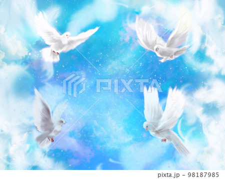 星が輝く宇宙と雲海の周りを楽しく飛び回る平和の象徴白い鳩達の風景画イラスト 98187985