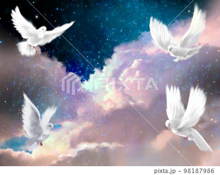 星が輝く宇宙と雲海の周りを楽しく飛び回る平和の象徴白い鳩達の風景画イラスト 98187986