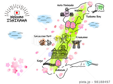 春の石川県の観光地のシンプル線画イラストマップ 98188497