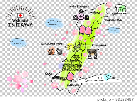 春の石川県の観光地のシンプル線画イラストマップ 98188497