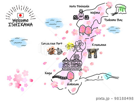 春の石川県の観光地のシンプル線画イラストマップ（ピンク） 98188498
