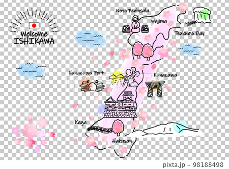 春の石川県の観光地のシンプル線画イラストマップ（ピンク） 98188498