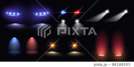 Realistic set of colorful car headlights tail and siren lights isolated on black background vector illustration. Realistic set of colorful car headlights tail and siren lights isolated on black background vector illustration. 98188505