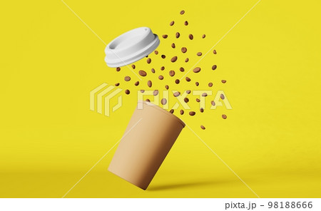 Floating paper coffee cup lid flying beans explosion 3D rendering yellow Coffee shop beverage discount branding template 98188666