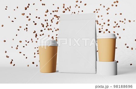 Paper pouch bag coffee cups white lids falling beans podium 3D rendering. Coffee shop discount. Hot drinks demonstration Paper pouch bag coffee cups white lids falling beans podium 3D rendering. Coffee shop discount. Hot drinks demonstration 98188696