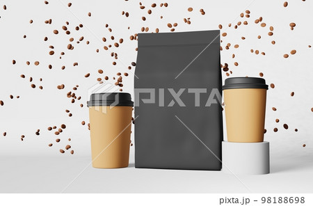 Paper pouch bag coffee cups black lids falling beans podium 3D rendering. Coffee shop discount. Hot drinks demonstration 98188698