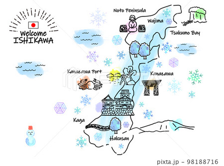 冬の石川県の観光地のシンプル線画イラストマップ 98188716
