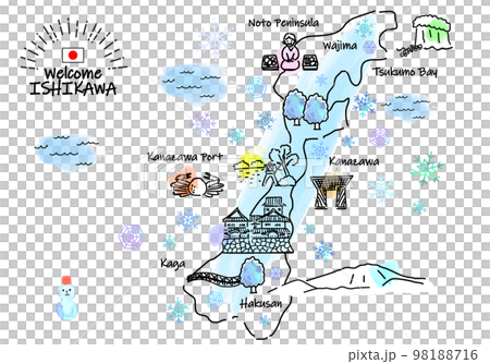 冬の石川県の観光地のシンプル線画イラストマップ 98188716