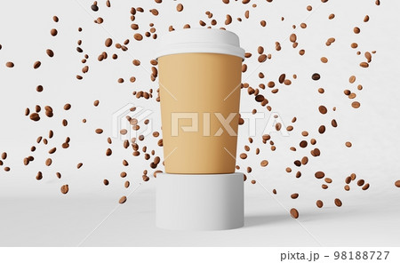 Paper coffee cup white lid falling beans 3D rendering. Coffee shop discount demonstration podium. Hot drinks sale banner Paper coffee cup white lid falling beans 3D rendering. Coffee shop discount demonstration podium. Hot drinks sale banner 98188727