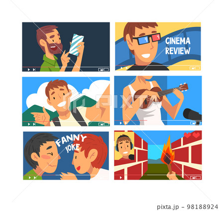 Set of bloggers and vloggers making internet. Male and female characters creating video about cinema, computer games, smartphone, funny jokes for vlog cartoon vector illustration Set of bloggers and vloggers making internet. Male and female characters creating video about cinema, computer games, smartphone, funny jokes for vlog cartoon vector illustration 98188924