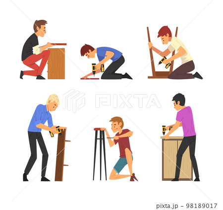 Men assembling furniture set. Male characters making wooden furniture using drill cartoon vector illustration 98189017