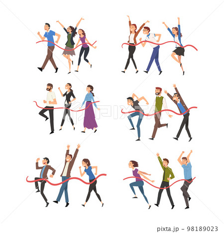 Set of cheerful people crossing finish line. Business team won competitions cartoon vector illustration 98189023