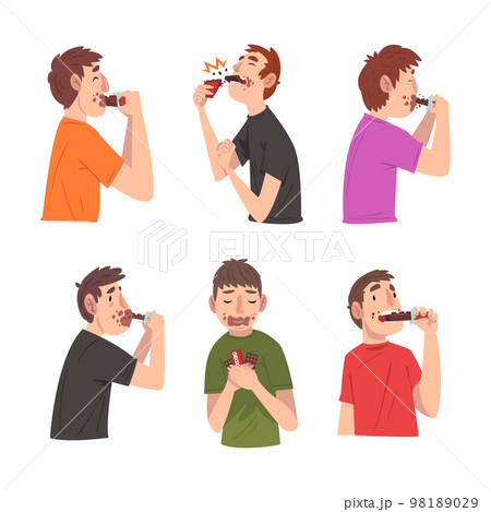 Funny men eating chocolate set. Funny male characters with mouth stained with chocolate. People addicted of sweets cartoon vector illustration 98189029
