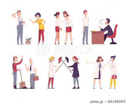 Furious employees shouting at each other set. Boss scolding incompetent workers flat vector illustration 98189065