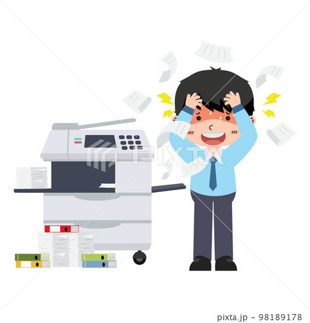 Confused business worker broke copy print Office multifunction machine 98189178