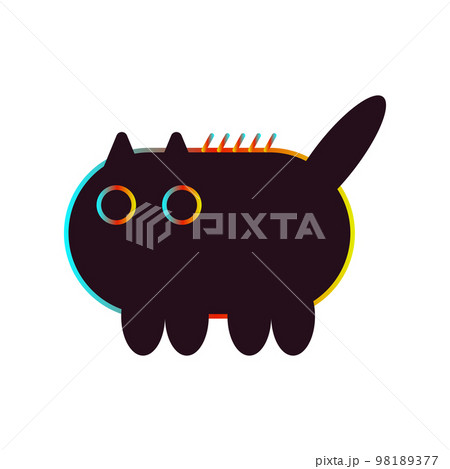 Black psychedelic cat with rainbow stroke vintage fifties vector illustration. Bright colored elements. Folk style multicolored cat. Isolated doodle on a white background. Decorative animal. 98189377
