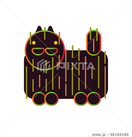Black psychedelic cat with rainbow stroke vintage fifties vector illustration. Bright colored elements. Folk style multicolored cat. Isolated doodle on a white background. Decorative animal. 98189380