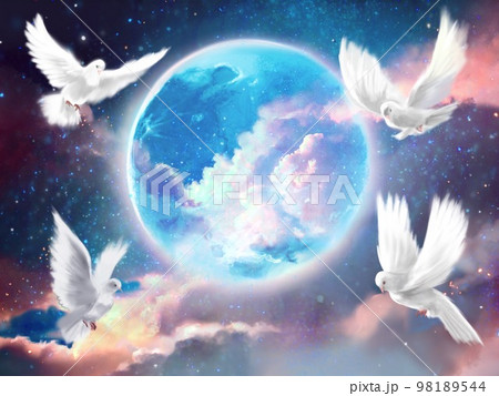 青く輝く神秘的な満月の周りを仲良く飛び回る平和の象徴白い鳩達のファンタジー背景イラスト 青く輝く神秘的な満月の周りを仲良く飛び回る平和の象徴白い鳩達のファンタジー背景イラスト 98189544